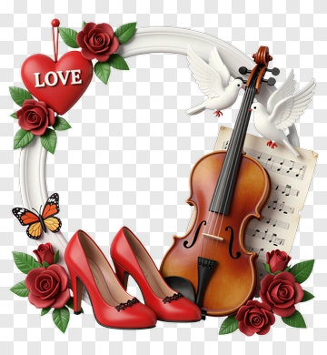 Love Themed Musical Composition With Red Roses And Shoes PNG