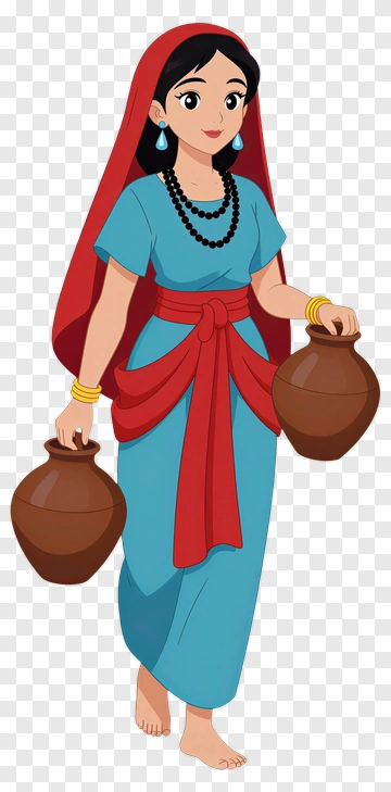 Cartoon Woman Carrying Water Jugs PNG