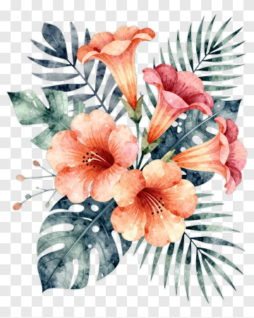 Watercolor Floral Arrangement With Hibiscus And Leaves PNG
