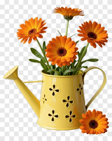 Yellow Watering Can With Orange Flowers PNG