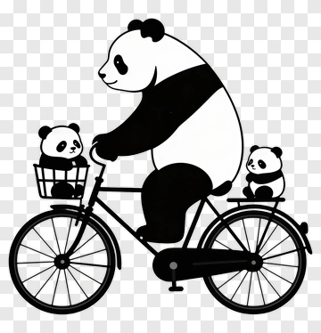 Panda Riding A Bicycle With Two Baby Pandas PNG