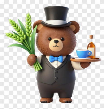 3D Bear Holding A Tray With Drink And Wheat PNG