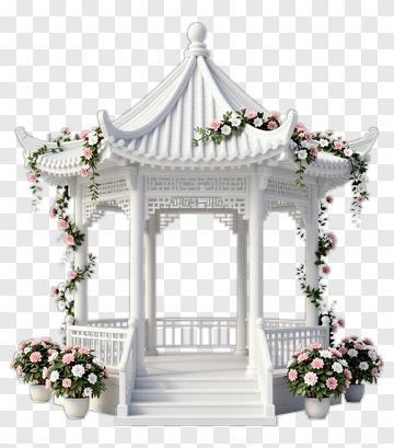White Gazebo Surrounded By Flowers PNG