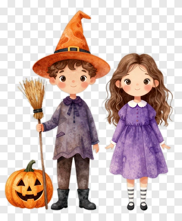 Cartoon Halloween Children With Pumpkin And Broom PNG