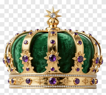 Golden Crown With Green Velvet And Purple Gems PNG