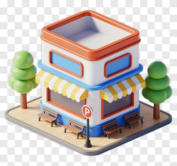 3D Building With Outdoor Seating And Trees PNG