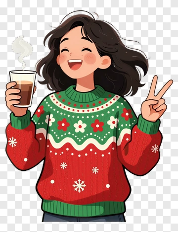 Happy Girl In A Christmas Sweater Holding A Coffee PNG