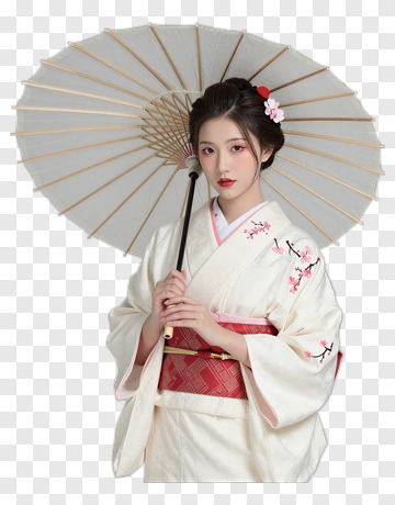 Woman In Traditional Kimono Holding A Parasol PNG