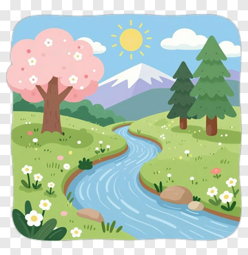 Cartoon Landscape With River And Trees PNG