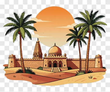 Desert Landscape With Palm Trees And Temple PNG