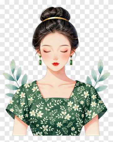 Woman In Floral Green Dress With Earrings PNG