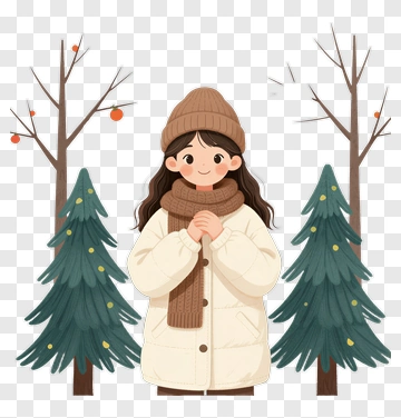 Cartoon Girl In Winter Coat Surrounded By Trees PNG
