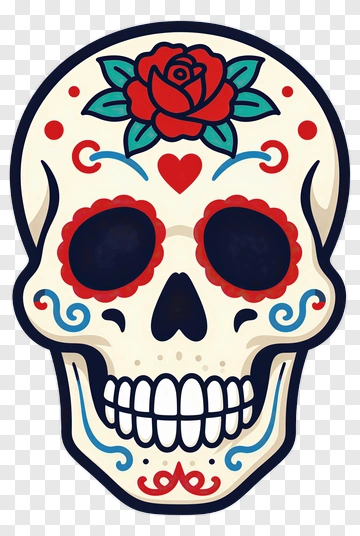Colorful Sugar Skull With Floral Decorations PNG