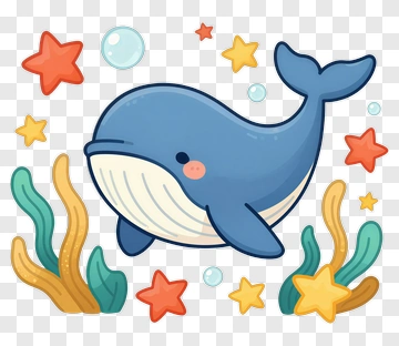 Cartoon Whale Swimming Among Sea Stars And Seaweed PNG