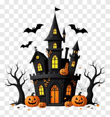 Halloween Haunted House With Pumpkins And Bats PNG