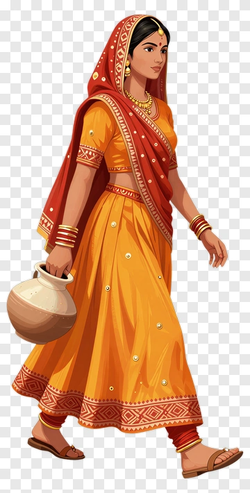 Woman In Traditional Indian Attire Carrying A Pot PNG