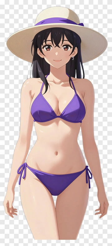 Anime Woman Wearing Purple Bikini And Sun Hat PNG
