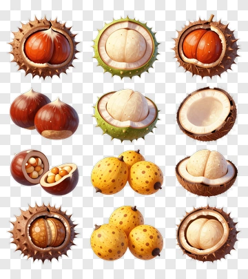 Various Types Of Chestnuts And Their Shells PNG