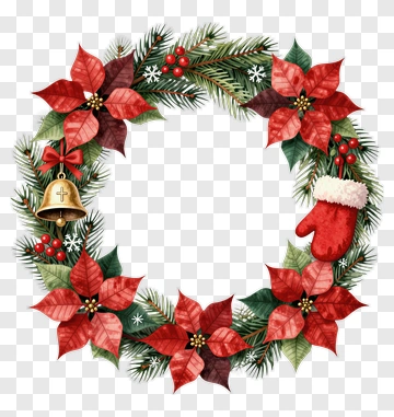Christmas Wreath With Poinsettias And Bells PNG