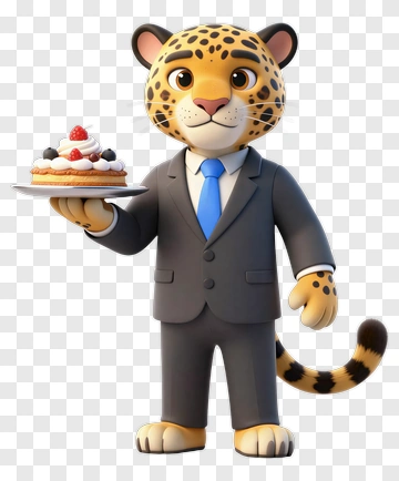 3D Leopard Wearing Suit Holding Cake PNG