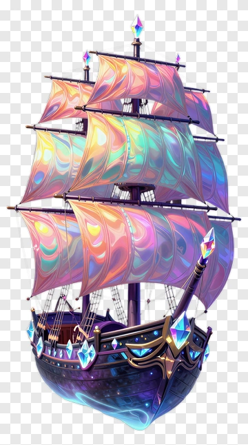 Colorful Fantasy Ship With Iridescent Sails PNG