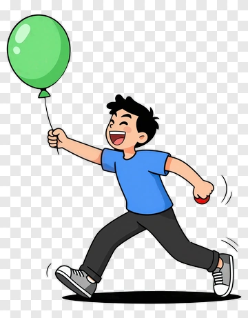 Cartoon Boy Running With A Green Balloon PNG