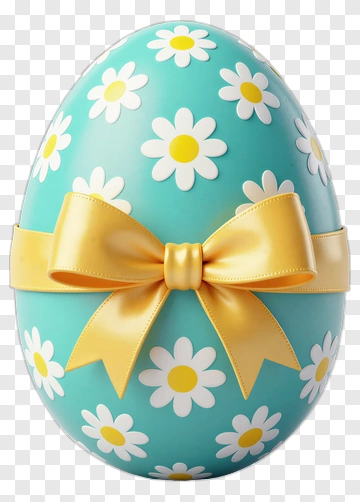 Easter Egg With Daisy Flowers And Yellow Ribbon PNG