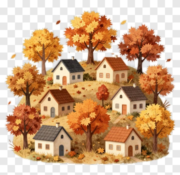 Autumn Landscape With Colorful Trees And Houses PNG