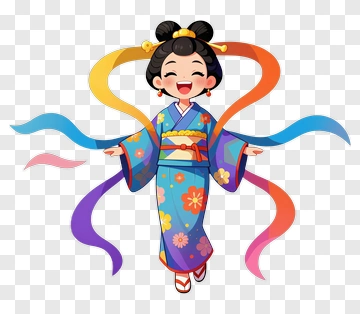 Cartoon Girl In Kimono With Colorful Ribbons PNG