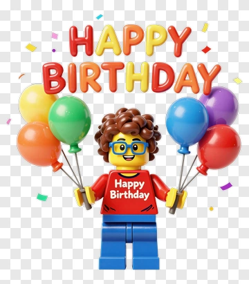 Lego Character Holding Colorful Balloons For A Birthday Celebration PNG
