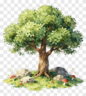 Colorful Tree With Rocks And Mushrooms PNG
