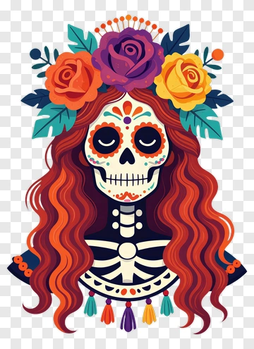 Colorful Skull With Floral Crown PNG