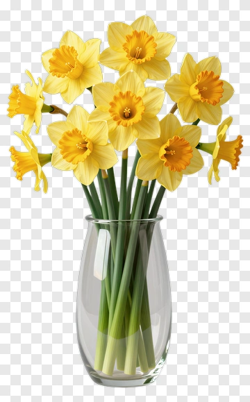 Yellow Daffodil Bouquet In A Glass Vase PNG
