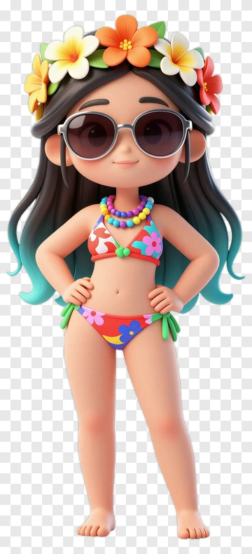 Cartoon Girl In Colorful Swimsuit With Sunglasses PNG
