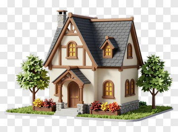 3D House Surrounded By Trees And Flowers PNG