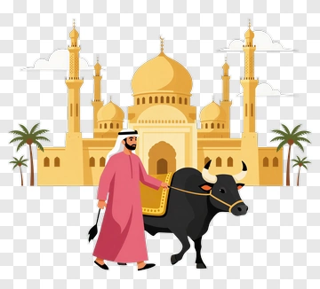 Man Walking A Bull In Front Of A Mosque PNG