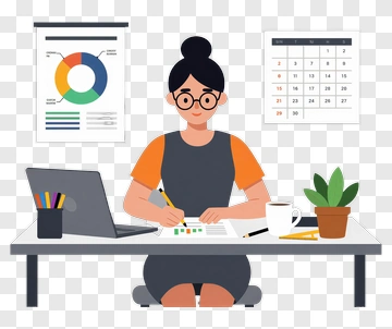 Businesswoman Working At Desk With Charts And Calendar PNG