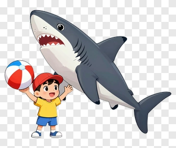 Cartoon Boy Playing With A Shark And Beach Ball PNG