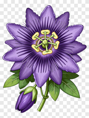 Purple Passion Flower With Green Leaves PNG