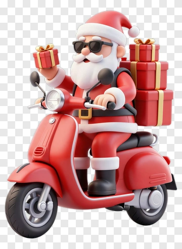 3D Santa Claus Riding A Scooter With Christmas Gifts PNG