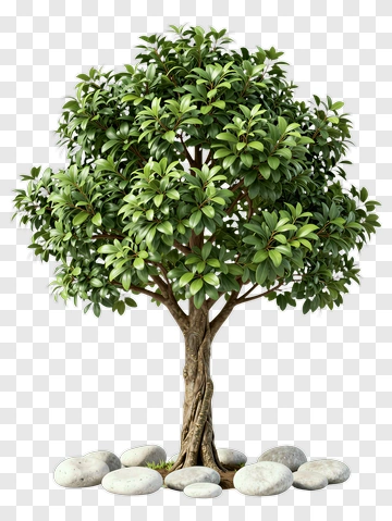Realistic Tree With Green Leaves And Stones PNG
