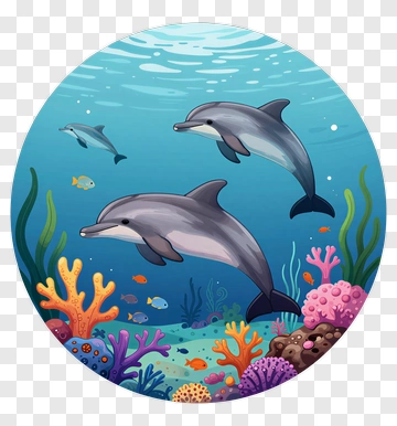 Cartoon Dolphins Swimming In A Colorful Coral Reef PNG