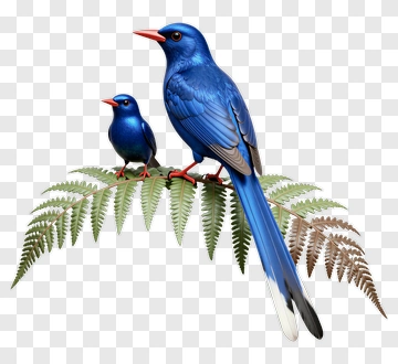 Blue Birds Perched On Fern Leaves PNG