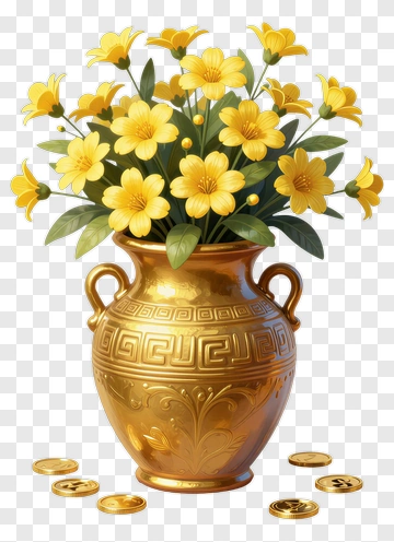 Golden Vase With Yellow Flowers PNG