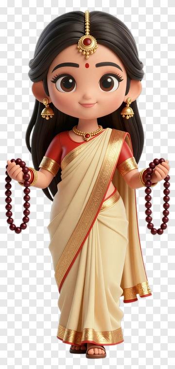 Cartoon Woman In Traditional Saree Holding Prayer Beads PNG
