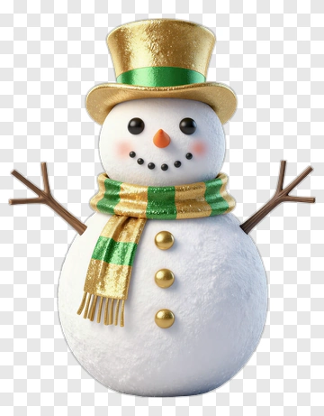 3D Snowman Wearing A Golden Hat And Green Scarf PNG