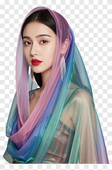 Woman In Colorful Sheer Scarf PNG