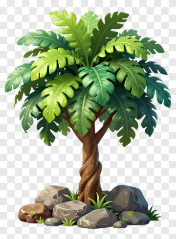 Colorful Tree With Green Leaves And Rocks PNG