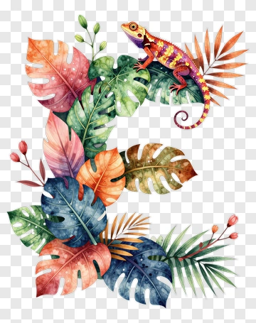 Colorful Tropical Leaves With A Chameleon PNG