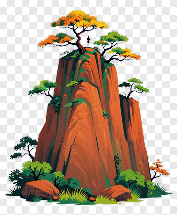 Mountain Landscape With Trees And A Hiker PNG